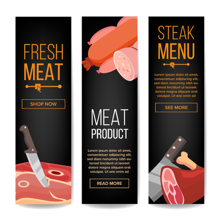 Meat Product Vertical Promo Banners Vector. For Grill Bar Promo Design. Isolated Illustrationのイラスト素材
