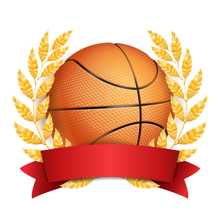 Basketball Award Vector. Sport Banner Background. Orange Ball, Red Ribbon, Laurel Wreath. 3D Realistic Isolated Illustrationのイラスト素材