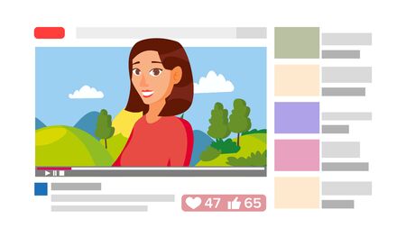 Girl Leading Online Stream Channel. Online Internet Streaming Video Concept. Cartoon Flat Illustrationのイラスト素材