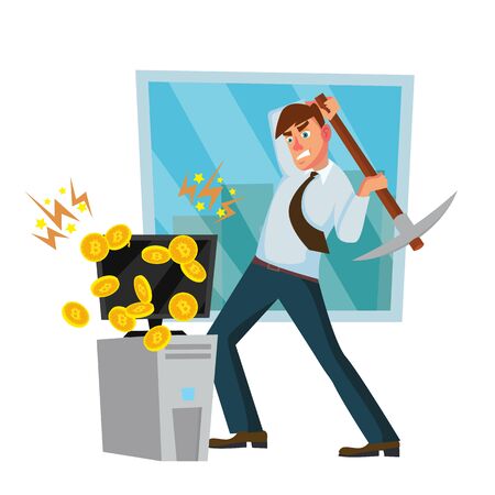 Miner Worker Man Vector. Cryptocurrency Mining Farm. Seeking Financial Success. Isolated Flat Cartoon Character Illustrationのイラスト素材