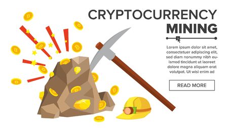 Rock With Gold Coins Vector. Bitcoin Cryptocurrency Concept. Mine, Pick, Helmet. Digging To Get Virtual Coins. Flat Cartoon Illustrationの写真素材