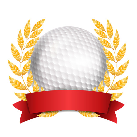Golf Award Vector. Sport Banner Background. White Ball, Red Ribbon, Laurel Wreath. 3D Realistic Isolated Illustrationのイラスト素材