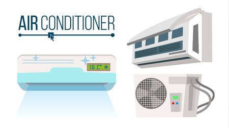 Air Conditioner Set Vector. Different Types Office, Home Conditioner System. Indoors, Outdoors Cartoon Flat Isolated Illustrationのイラスト素材