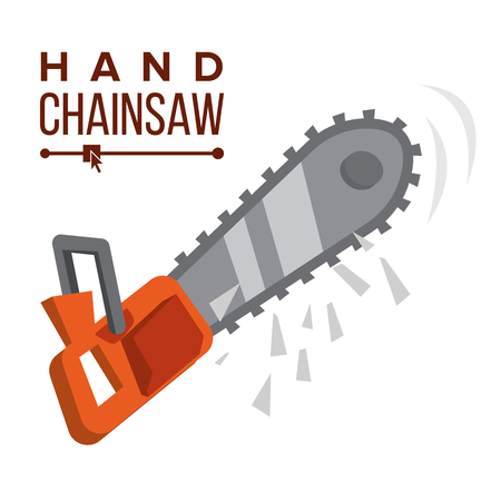 Hand Chainsaw Vector. Petrol Chain Saw. Professional Instrument, Working Tool. Isolated Flat Cartoon Illustrationのイラスト素材