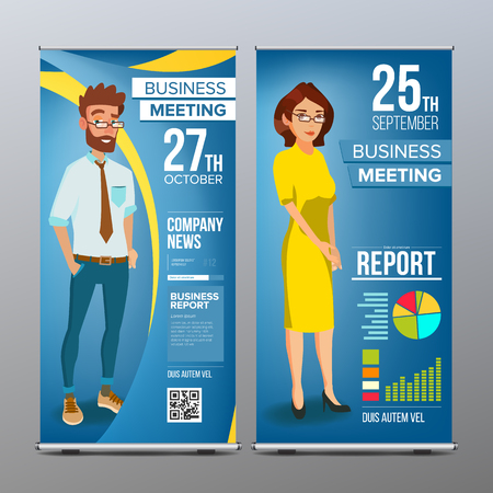 Roll Up Stand Vector. Vertical Flag Blank Design. Businessman And Business Woman. Market, Exhibition. For Business Conference. Invitation Concept. Blue, Yellow. Modern Flat Illustrationのイラスト素材