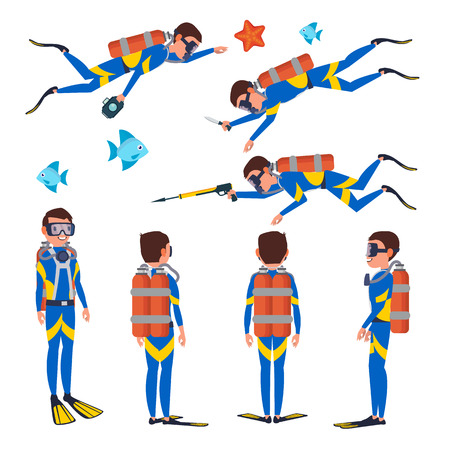 Professional Diver Vector. Underwater Activity And Sports Items Isolated. Scuba Diving Equipment Isolated On White Cartoon Character Illustrationのイラスト素材