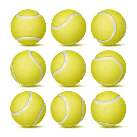 Realistic Tennis Ball Set Vector. Classic Round Yellow Ball. Different Views. Sport Game Symbol. Isolated Illustrationのイラスト素材