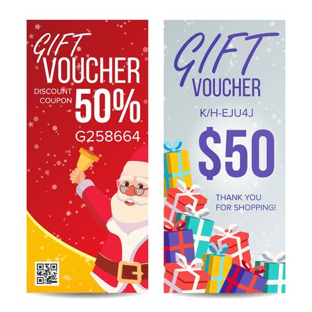 Gift Voucher Vector. Vertical Coupon. Merry Christmas. Happy New Year. Santa Claus And Gifts. Shopping Advertisement. Business Gift Illustrationのイラスト素材