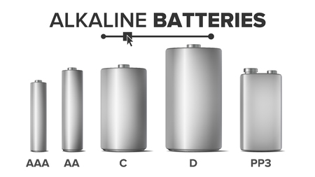 Alkaline Batteries Mock Up Set Vector. Different Types AAA, AA, C, D, PP3, 9 Volt. Standard Modern Realistic Battery. Metal Clean Empty Template. Isolated Illustrationのイラスト素材