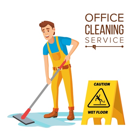 Professional Office Cleaner Vector. Janitor With Cleaning Equipment. Flat Cartoon Illustrationのイラスト素材