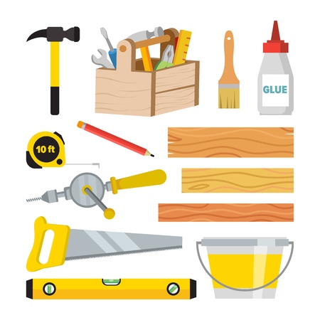Carpentry And Woodwork Tools Set Vector. Repair And Building Accessories. Board, Hammer, Toolbox, Brush, Glue, Pencil, Tape Measure, Saw, Ruler, Bucket, Drill. Isolated Flat Cartoon Illustrationのイラスト素材
