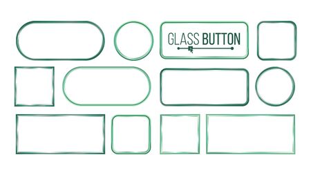 Glass buttons, frames illustration. Square, round, rectangular. Glass plates elements. Realistic plates. Plastic banners on white background.のイラスト素材