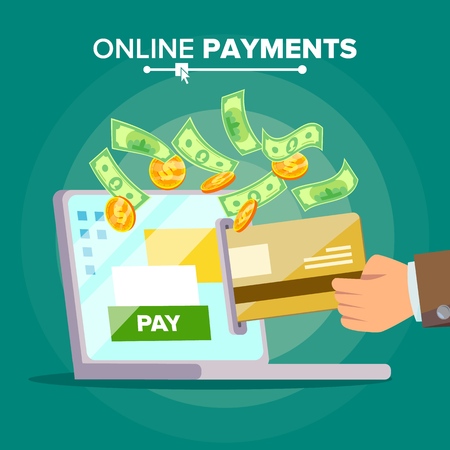 Laptop Payment Vector. Dollars, Card, Laptop Screen. Payment To Sell Goods And Pay For Bill. Isolated Flat Cartoon Illustrationのイラスト素材