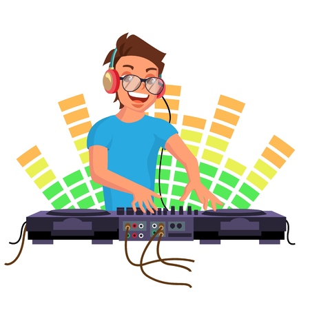 Professional Dj Vector. Playing Disco House Music. Mixing Music On Turntables. Party Dance Concept. Isolated On White Cartoon Character Illustrationのイラスト素材