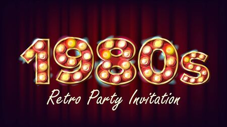 1980s Retro Party Invitation Vector. 1980 Vintage Style Design. Shine Lamp Bulb. Glowing Classic Retro Poster, Flyer, Banner Template. Night Club, Disco Party Event Advertising Illustrationのイラスト素材
