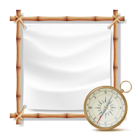Bamboo Frame And Metal Compass Vector. Summer Travel Concept. Isolated Illustrationのイラスト素材