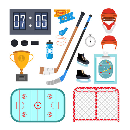 Ice Hockey Icons Set Vector. Ice Hockey Symbols And Accessories. Isolated Flat Illustration.のイラスト素材