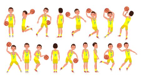 Modern Basketball Player Man Vector. Sports Concept. Running Jump With Ball. Sport Game Competition. Isolated On White Cartoon Character Illustrationのイラスト素材