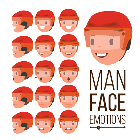 Man emotions vector young male face portraits. Sport, hockey, helmet, sadness, anger, rage, surprise, shock isolated flat cartoon illustration.のイラスト素材