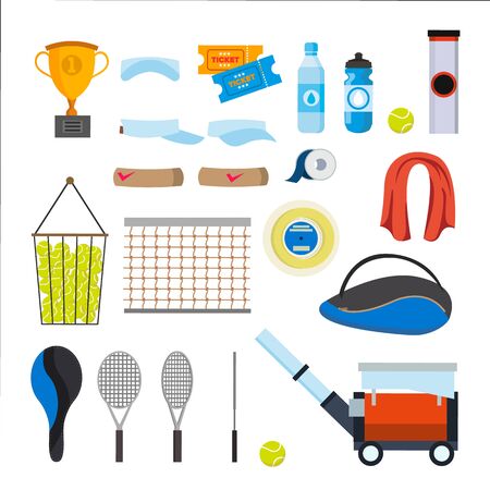 Tennis Icons Set Vector. Tennis Accessories. Yellow Ball, Racket, Net, Pouch Isolated Cartoon Illustration.のイラスト素材