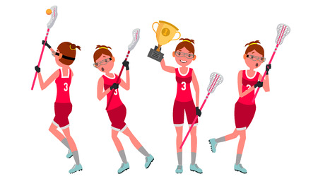 Lacrosse Girl Vector. Catch The Ball. Running. Teammates In Different Poses. Sport Competitions. Cartoon Character Illustrationのイラスト素材