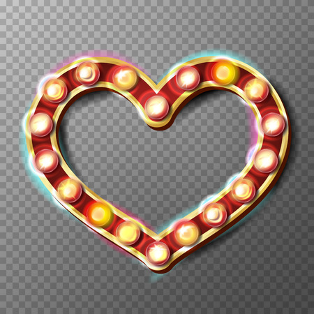 Golden Heart Frame Sign Vector. Glowing Light Bulbs. Isolated On Transparent Backgroundのイラスト素材
