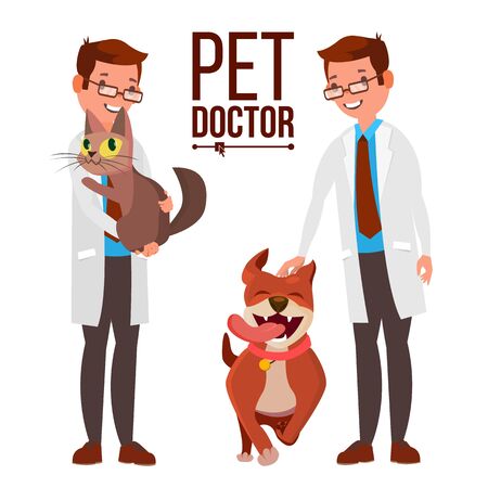 Veterinarian Male Vector. Dog And Cat. Clinic For Animals. Pet Doctor. Treatment For Wild, Domestic Animals. Isolated Flat Cartoon Illustrationのイラスト素材
