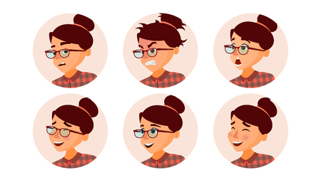Business Woman Avatar Vector. Woman Face, Emotions Set. Female Avatar Placeholder. Modern Girl. Cartoon Flat Isolated Illustrationのイラスト素材