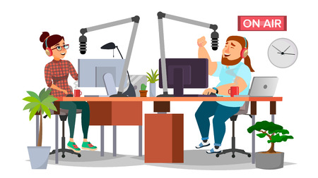 Radio DJ Man And Woman Vector. Broadcasting. Modern Radio Station Studio. Speak Into The Microphone. On Air. Broadcasting. Isolated Illustrationのイラスト素材