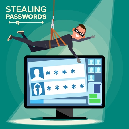 Hacker Stealing Password Vector. Thief Character. Crack Personal Information From Computer. Fishing Attack. Web Viruses Concept. Hacking Internet Social Network. Flat Cartoon Illustrationのイラスト素材