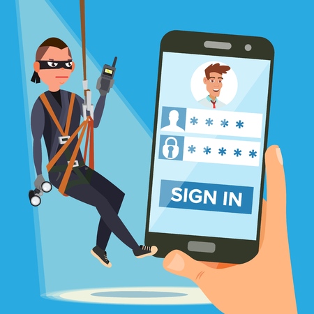 Hacker Stealing Personal Password Vector. Thief Character. Crack Personal Information. Fishing Attack To Smartphone. Web Viruses Concept. Flat Cartoon Illustrationのイラスト素材
