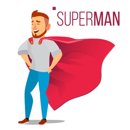 Superhero Businessman Character Vector. Red Cape. Successful Business Man Standing. Leadership Concept. Professional Manager, Programmer. Creative Modern Business Superhero. Isolated Illustrationのイラスト素材