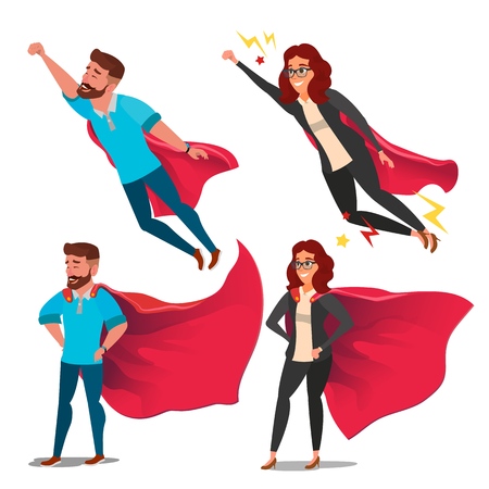 Super Business Woman Character Vector. Red Cape. Leadership Concept. Creative Modern Business Super Woman. Business Woman Flying To Success. Isolated Flat Cartoon Illustrationのイラスト素材