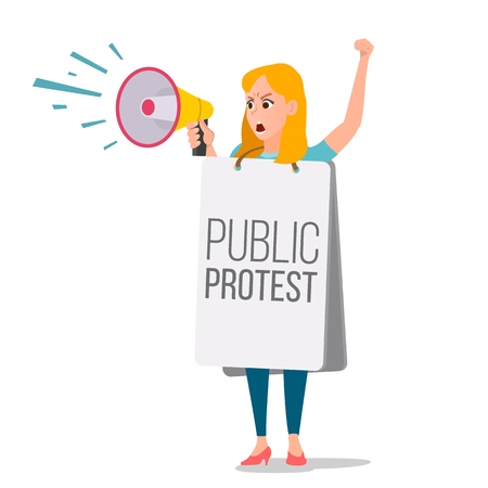 Woman shouting through loud speaker vector. Leadership female speech people on strike. Demonstration concept isolated flat cartoon illustration.のイラスト素材