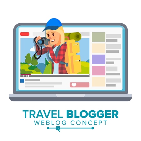Travel weblog concept vector. Personal blog about tourism and hiking. Blogosphere online, girl popular videoblogger isolated flat cartoon illustration.のイラスト素材