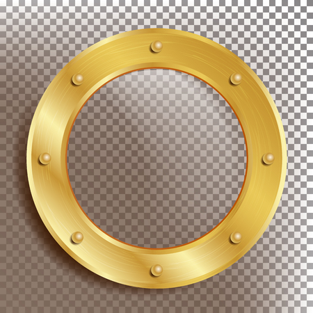 Porthole Vector. Round Golden Window With Rivets. Bathyscaphe Ship Metal Frame Design Element. For Aircraft, Submarines. Isolated On Transparent Background Illustrationのイラスト素材