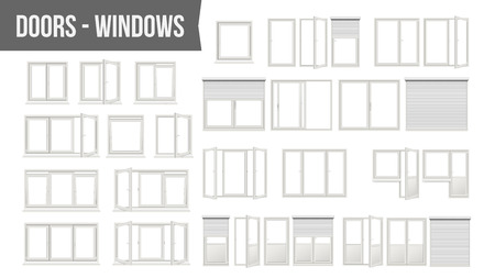 Plastic PVC windows doors set vector. Different types, roller blind shutters, opened and closed. Front view home design element isolated on white background realistic illustration.のイラスト素材