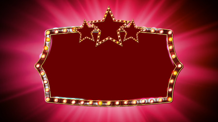 Gold Frame Light Bulbs Vector. Red Background. Lamp Star Frame. Retro Frame Design Element Board. Marquee Banner. Space For Text. Illustrationのイラスト素材