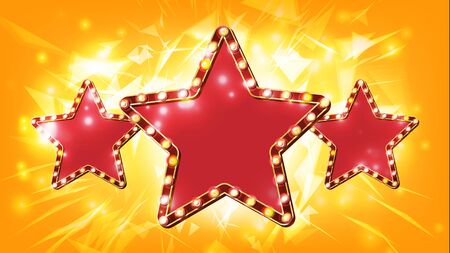 Star Sign Vector. Glowing Element. Retro Light Three Gold Star Banner. Premiere Film, Show, Disco, Casino, Theater. Banner Illustrationのイラスト素材