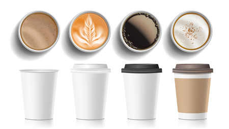 Coffee Cups Top View Vector. Plastic, Paper White Empty Fast Food Take Out Coffee Menu Mugs. Various Ocher Paper Cups. Breakfast Beverage. Realistic Isolated Illustrationのイラスト素材