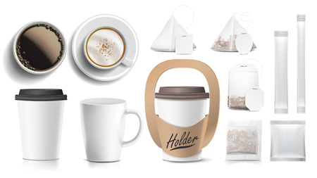 Coffee Packaging Design Vector. Cups Mock Up. White Coffee Mug. Ceramic And Paper, Plastic Cup. Top, Side View. Holder For Carrying One Cup. Blank Foil Packaging Sugar. Isolated Illustrationのイラスト素材