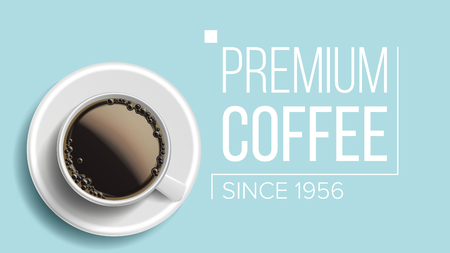 Premium Coffee Background Vector. Blue Backdrop Top View. Realistic White Coffee Mug. Caffeine Drink. Illustrationのイラスト素材
