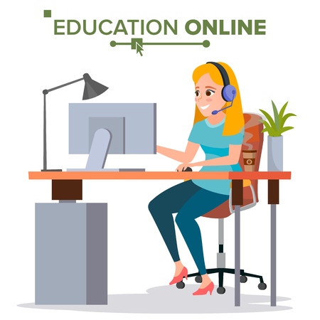 Education Online Vector. Young Handsome Woman In Headphones Sitting. Home Online Training Course. Modern Study Technology. Isolated Flat Cartoon illustrationのイラスト素材