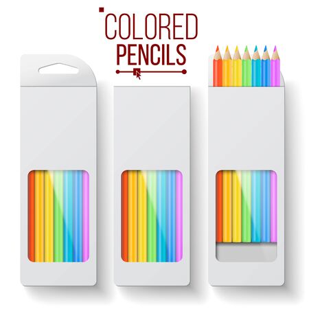Colored Pencils Packaging Vector. Top View. Pencil Box Mock Up. Branding Design. Isolated Realistic Illustrationのイラスト素材