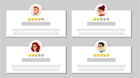 Customer Feedback Vector. Reviews Golden Stars Rate. User Photo. Notification Messages. Business Quality Work. Flat Cartoon Illustrationのイラスト素材