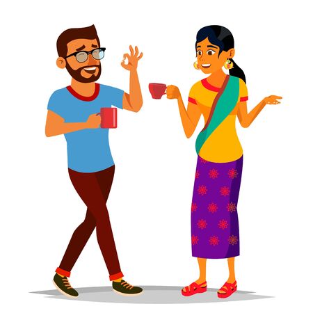 Talking Indian Man And Woman Vector. Laughing Friends, Office Colleagues. Communicating Hindu. Business Person. Talk Of Couple Or Friends. Situation. Meeting. Isolated Flat Cartoon Illustrationのイラスト素材