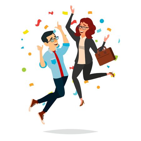 Business Couple Jumping Vector. Man And Woman. Objective Attainment, Achievement. Best Worker, Achiever. Isolated Flat Cartoon Character Illustrationのイラスト素材