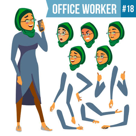 Woman office worker with Face Emotions, Various Gestures. Animation Creation Set. Isolated Flat Cartoon Character Illustrationのイラスト素材
