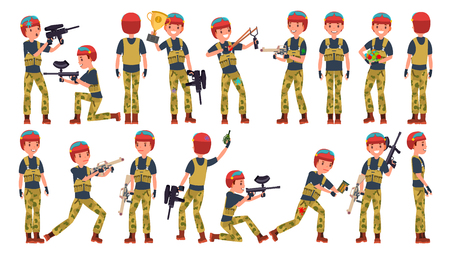 Paintball Player Vector. Shooting, Running. Teammates In Different Poses. Gun. Battle Sport Competitions. Cartoon Character Illustrationのイラスト素材