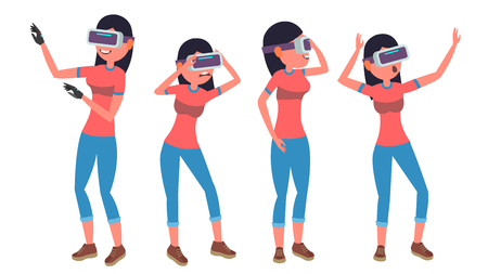 Woman In Virtual Reality Glasses Vector. Poses. Modern Console. Futuristic Technology. Flat Illustrationのイラスト素材